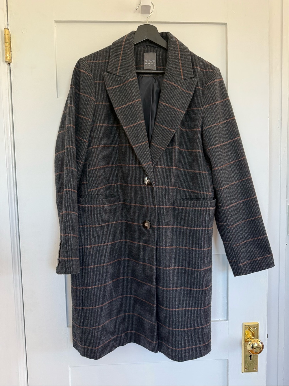 Primark Charcoal Windowpane Long Trench Coat with Rust Accents